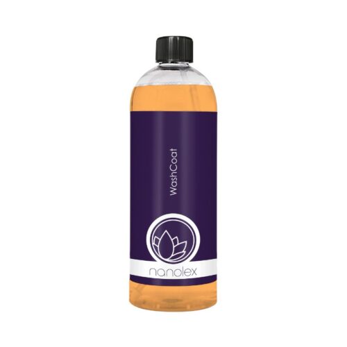 Ce flacon Nanolex WashCoat contient du liquide orange, comporte une étiquette violette avec un logo de lotus blanc et est scellé avec un élégant bouchon noir. - Tekalab