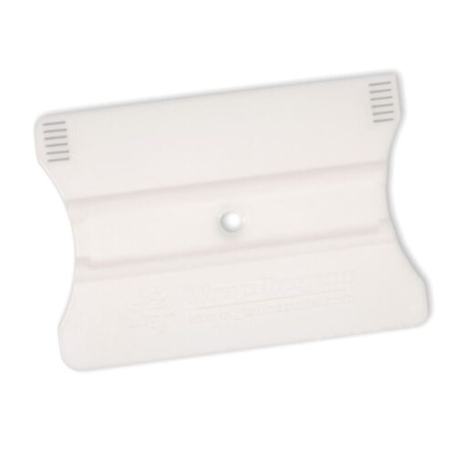 Le WrapDragon SlipCut est une raclette en plastique blanc avec guides de lame, présentant une forme incurvée élégante, un trou central et des poignées texturées aux deux extrémités pour une meilleure manipulation. - Tekalab