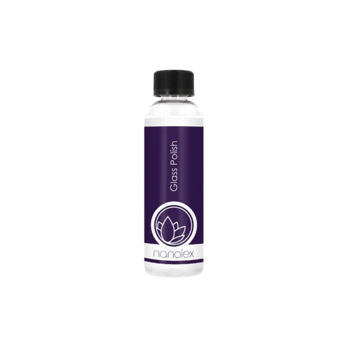 Le produit est un flacon cylindrique avec un bouchon noir, sur lequel est apposée une étiquette violet foncé bordée de blanc. L'étiquette présente un logo stylisé en forme de lotus, sous lequel est élégamment imprimé le nom « Nanolex Glass Polish ». - Tekalab