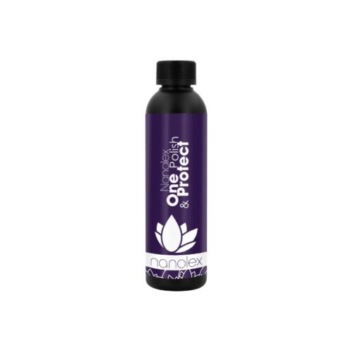 Un flacon violet de Nanolex One Polish and Protect présente un bouchon noir et un logo floral blanc sur l'étiquette. Le nom du produit, « Nanolex One Polish and Protect », est affiché en caractères blancs sur le flacon. - Tekalab