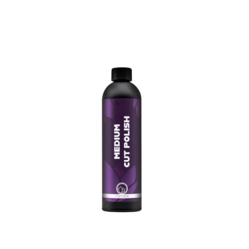 Un flacon de vernis Nanolex Ultra Cut au design minimaliste et élégant, doté dune étiquette violette et noire, dun texte blanc audacieux, dun bouchon à vis noir et dun logo circulaire élégamment placé en bas. - Tekalab