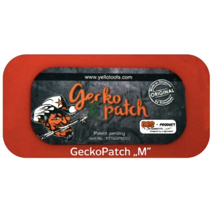 Le patch magnétique auto-adhésif GeckoPatch est conçu comme un patch rectangulaire aux bords arrondis, représentant un personnage de dessin animé portant un chapeau de cow-boy et une moustache. Il affiche bien en évidence le texte « Gecko & Patch Original », « Patent pending » et le site Web www.yellotools.com, capturant l'essence ludique des innovations de GeckoPatch. - Tekalab