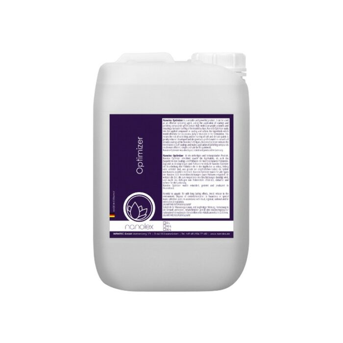 Le Nanolex Optimizer est présenté dans un récipient rectangulaire blanc doté d'une poignée et d'un bouchon à vis. Son étiquette présente un fond violet avec un texte blanc soulignant les détails du produit, accompagné d'un logo comprenant un motif de feuille. Le nom « Nanolex Optimizer » est affiché bien en évidence sur l'étiquette pour une identification facile. - Tekalab