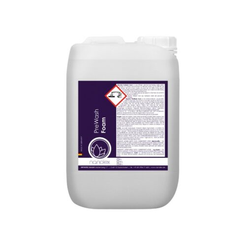 Le produit est un grand récipient blanc étiqueté « Nanolex PreWash Foam » dans une boîte violette, accompagné d'un symbole d'avertissement de mise en garde, et il comporte un bouchon blanc pour une fermeture sécurisée du contenu. - Tekalab