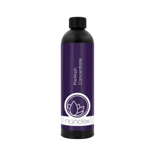 Le concentré de prélavage Nanolex, arborant le logo lotus blanc emblématique de la marque, est présenté dans un flacon violet avec un bouchon noir. - Tekalab