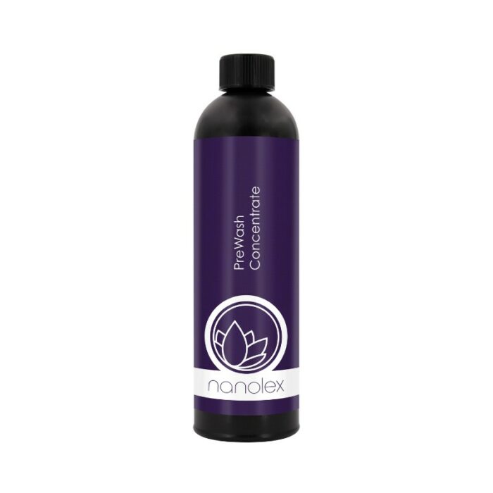 Le concentré de prélavage Nanolex, arborant le logo lotus blanc emblématique de la marque, est présenté dans un flacon violet avec un bouchon noir. - Tekalab