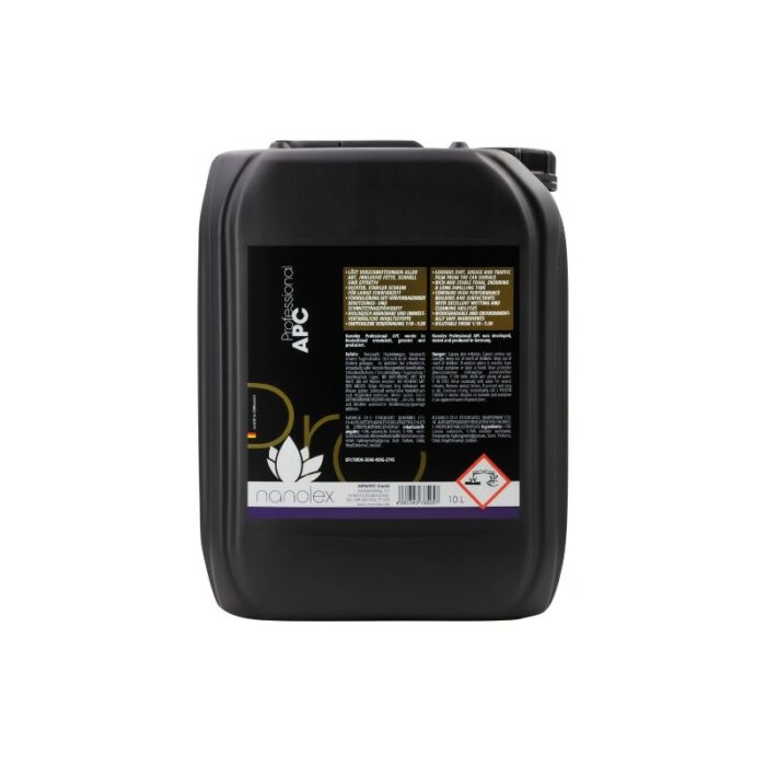 Un bidon noir de 10 litres étiqueté Nanolex Professional PreWash Concentrate, avec des informations détaillées et des symboles d'avertissement sur le devant. Le bidon est doté d'une poignée robuste et d'un bouchon à vis sécurisé, parfait pour une utilisation professionnelle. - Tekalab