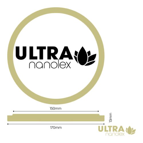 Logo d'Ultra Nanolex, avec un design en forme de lotus inspiré de la précision des tampons découpés Ultra (normes). Il comprend des dimensions : 150 mm sur 13 mm et un contour circulaire de 170 mm. Les couleurs sont le noir et l'or. - Tekalab