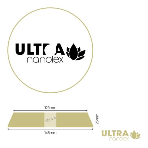 Logo pour Ultra Nanolex, présentant un motif de feuille stylisé qui fait écho à la précision des tampons de coupe Ultra. Les dimensions d'un objet rectangulaire sont de 125 mm au bord supérieur, 145 mm au bord inférieur, avec des côtés de 25 mm et un centre de 20 mm. Le logo est également placé dans le coin inférieur droit. - Tekalab
