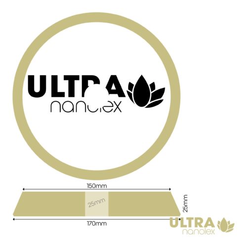 Un design circulaire présente le texte « ULTRA nanolex » à côté d'un motif de lotus stylisé. En dessous, les dimensions sont spécifiées pour une forme en coin : 170 mm de largeur, 25 mm de hauteur et un diamètre circulaire de 150 mm avec un centre plus petit de 25 mm, ce qui correspond parfaitement aux spécifications des tampons découpés Ultra (normes). - Tekalab