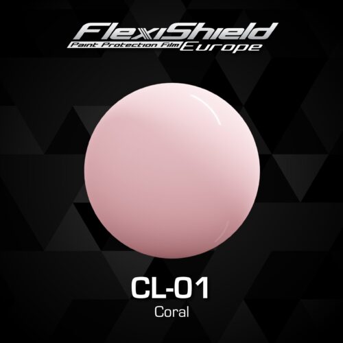 Un objet rond, brillant et rose clair est centré sur un fond à motifs triangulaires foncés. Au-dessus, le texte indique FLEXISHIELD Cosmétique PPF Europe. En dessous, il est écrit CL-01 Coral. Idéal pour ceux qui recherchent l'élégance ultime du film de protection de peinture avec une touche de style cosmétique. - Tekalab