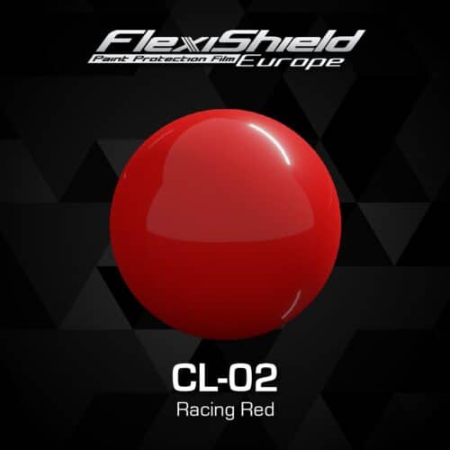 Une sphère rouge brillante étiquetée FLEXISHIELD Cosmétique PPF CL-02 Racing Red se trouve au centre d'un fond géométrique sombre, rayonnant un air de sophistication, avec le texte supérieur affichant « FLEXISHIELD Paint Protection Film Europe ». - Tekalab