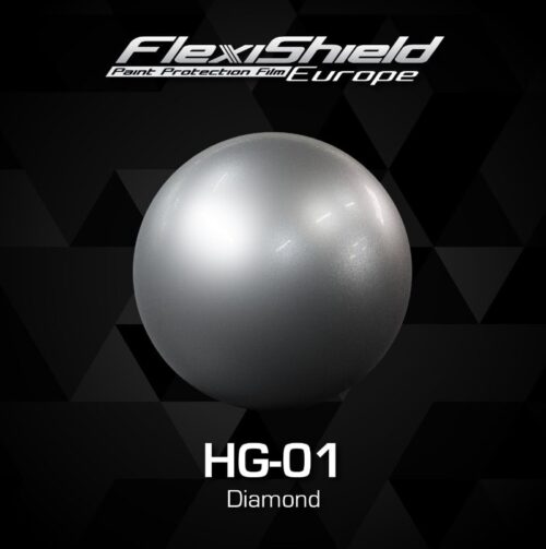 Une sphère métallique est centrée sur un fond géométrique sombre. Le texte au-dessus indique FlexiShield Paint Protection Film Europe, tandis que sous la sphère, il affiche FLEXISHIELD Cosmétique PPF HG-01 DIAMOND. - Tekalab