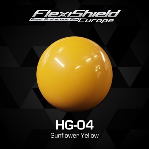 Une sphère jaune brillante représentant la couleur HG-04 Sunflower est centrée sur un fond sombre et géométrique. Le texte ci-dessus indique FLEXISHIELD Cosmétique PPF Europe. Ci-dessous, il est écrit Sunflower Yellow. - Tekalab