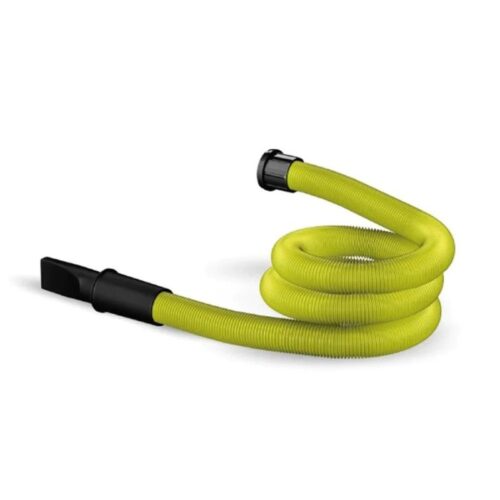 Un tuyau daspirateur enroulé jaune de 9 m avec connecteurs noirs, conçu pour la flexibilité et lextensibilité dans les tâches de nettoyage, adapté au Bigboi Blowr Pro/Mini+/Mini. - Tekalab