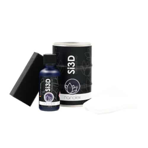 Un ensemble SI3D Cerabide HD (50 ml) noir et blanc pour la protection des véhicules hybrides, comprenant une éponge noire, un flacon de solution de revêtement, une cartouche cylindrique et plusieurs tampons applicateurs blancs. - Tekalab