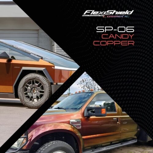 Une image divisée montre deux véhicules brun métallisé : une voiture angulaire en haut à gauche et une camionnette en bas à droite. « FLEXISHIELD Cosmétique PPF TP-04 Moon Beam 2.0 » scintille sur un fond géométrique noir, mettant en valeur la protection supérieure de FLEXISHIELD. - Tekalab