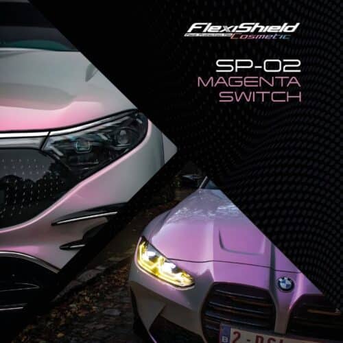 Gros plan de deux voitures avec un effet de changement de couleur de FlexiShield Cosmétique PPF. La voiture en haut à gauche affiche du magenta sur blanc et celle en bas à droite affiche du magenta sur argent. Texte : « SP-02 MAGENTA SWITCH ». Idéal pour votre voyage FLEXISHIELD Cosmétique PPF TP-04 Moon Beam 2.0. - Tekalab