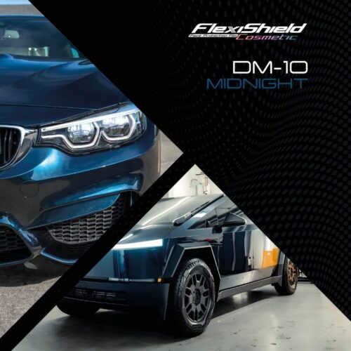 Une image promotionnelle présente deux véhicules. À gauche, un gros plan de lavant dune voiture bleue, rehaussée dune protection FLEXISHIELD. À droite, une vue latérale dun camion futuriste. Le fond noir texturé met en valeur Cosmétique PPF TP-04 Moon Beam 2.0. - Tekalab