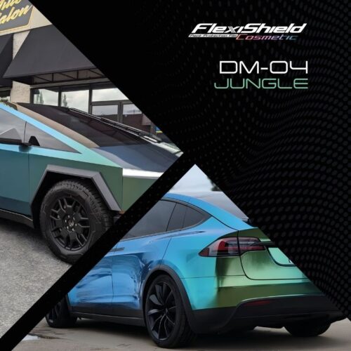 Deux images présentent un camion futuriste et un SUV avec des habillages vert-bleu irisés étiquetés « Moon Beam 2.0 » par FLEXISHIELD Cosmétique. Les deux véhicules présentent une finition brillante aux couleurs changeantes, le PPF améliorant la résilience sur le fond noir texturé. - Tekalab