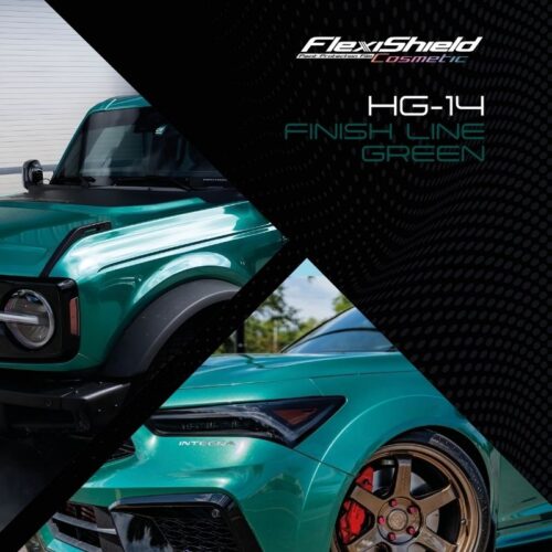 Limage promotionnelle montre deux voitures bleu sarcelle avec le marquage FLEXISHIELD Cosmétique PPF TP-04 Moon Beam 2.0, mettant en valeur le film protecteur. « HG-14 Finish Line Green » est inscrit dans le texte. Un phare et une carrosserie apparaissent en haut à gauche, tandis quune calandre avec des roues en bronze se trouve en bas à droite. - Tekalab