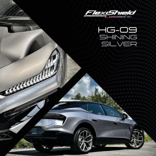 Image promotionnelle pour le FLEXISHIELD Cosmétique PPF TP-04 Moon Beam 2.0, avec un phare et un rétroviseur latéral élégants. La voiture argentée éclairée par la lune scintille avec Moon Beam 2.0 sur fond darbres sous un ciel partiellement nuageux. - Tekalab