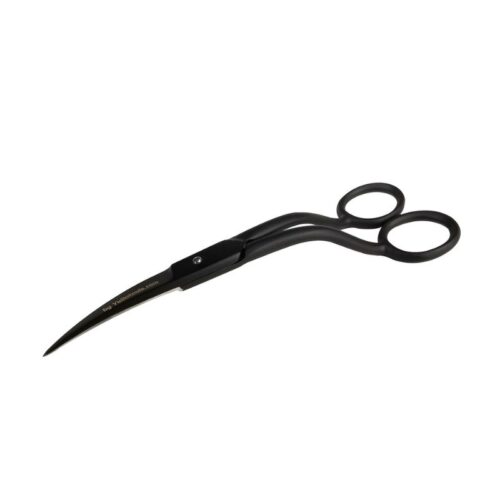 Le YelloShear Orbit, une paire de ciseaux incurvés noirs pour lemballage, comporte deux boucles de doigts circulaires et une pointe pointue, élégamment présentées sur un fond blanc uni. - Tekalab