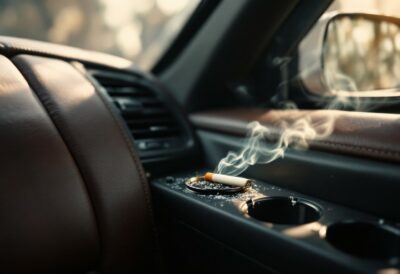 Une cigarette allumée repose dans un cendrier à lintérieur dune voiture, tandis que de la fumée sélève. Lintérieur est doté de sièges et dun tableau de bord en cuir marron. La lumière du soleil filtre à travers les vitres, mettant en valeur la console tout en suggérant des solutions potentielles aux mauvaises odeurs dans la voiture. - Tekalab