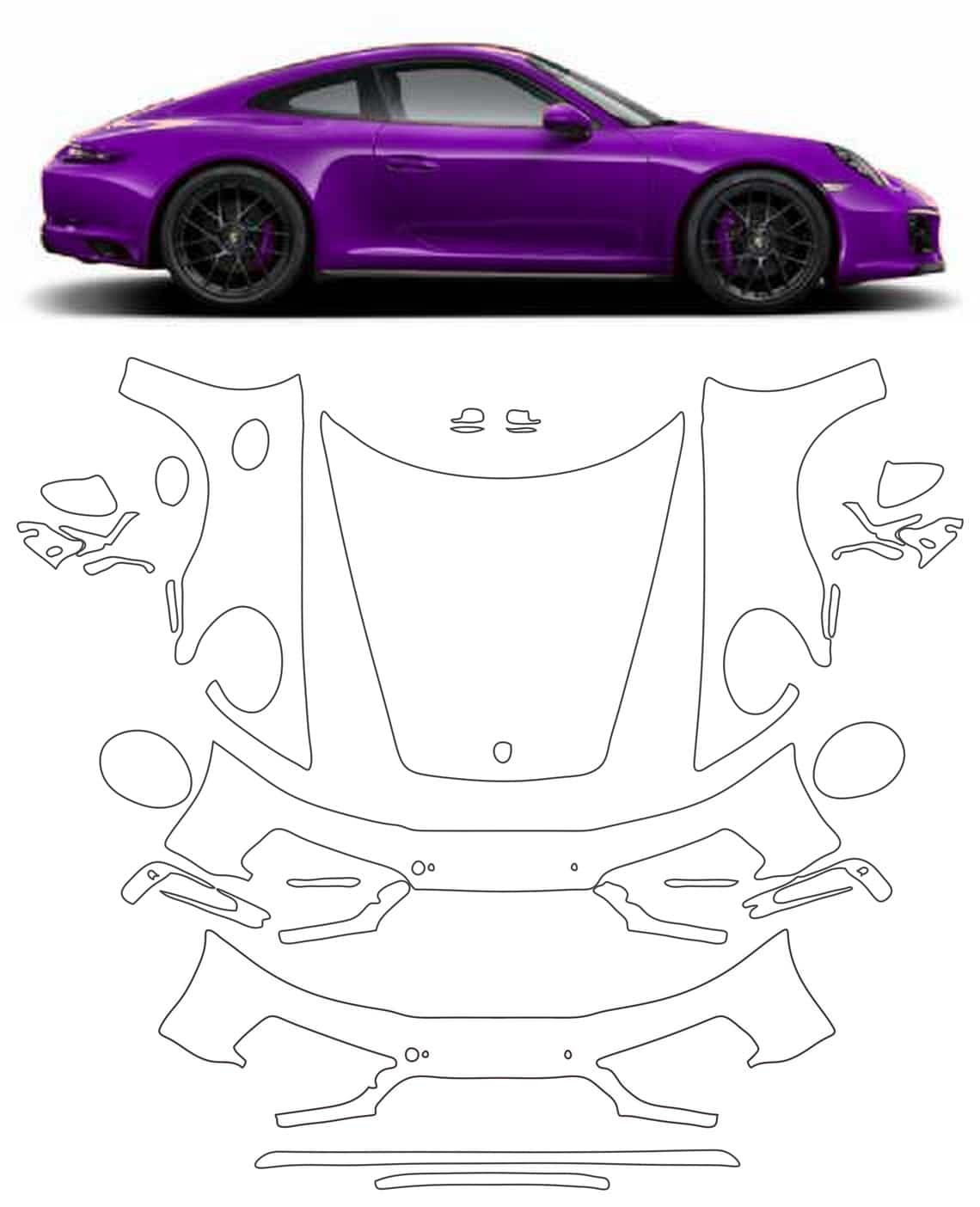 Porsche 911 violette et son kit PPF face avant, pièce par pièce