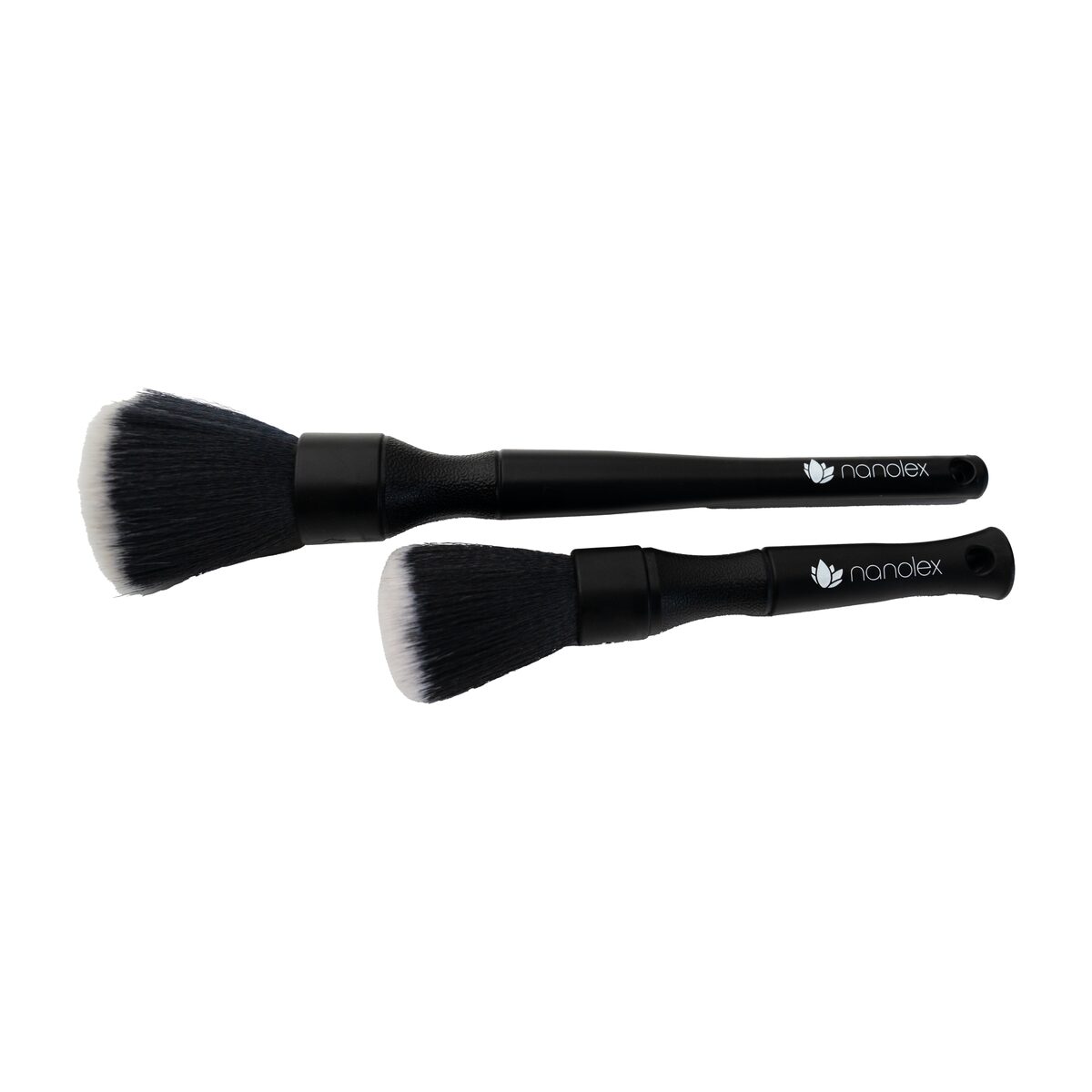 Set de 2 pinceaux de detailing Nanolex Brush Duo, un grand et un compact, poils noirs à pointes blanches