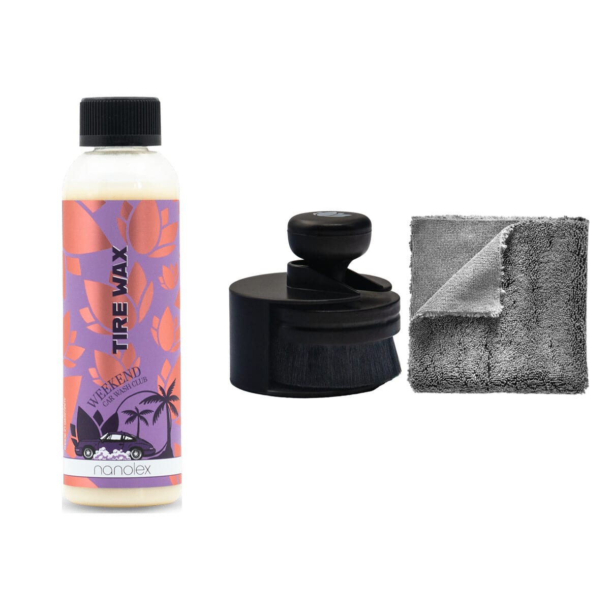 Pack brillant pneus Nanolex : WCWC Tire Wax, Tire Dressing Brush et microfibre Allround Duo