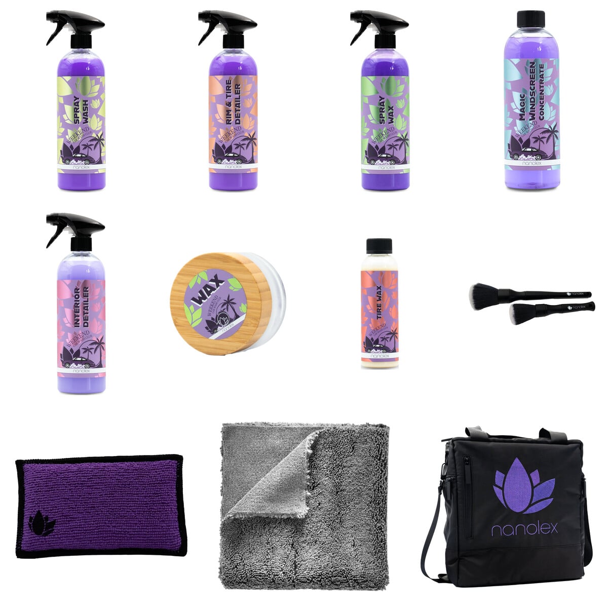 Pack complet Nanolex Weekend Car Wash Club 11 pièces avec pinceaux, Scrub Pad, microfibres et sac Gear Bag