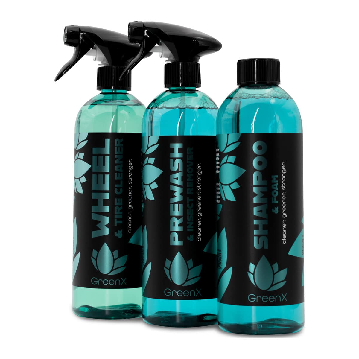 Pack extérieur écologique GreenX Exterior Starter Set : Wheel & Tire Cleaner, Prewash & Insect Remover, Shampoo & Foam