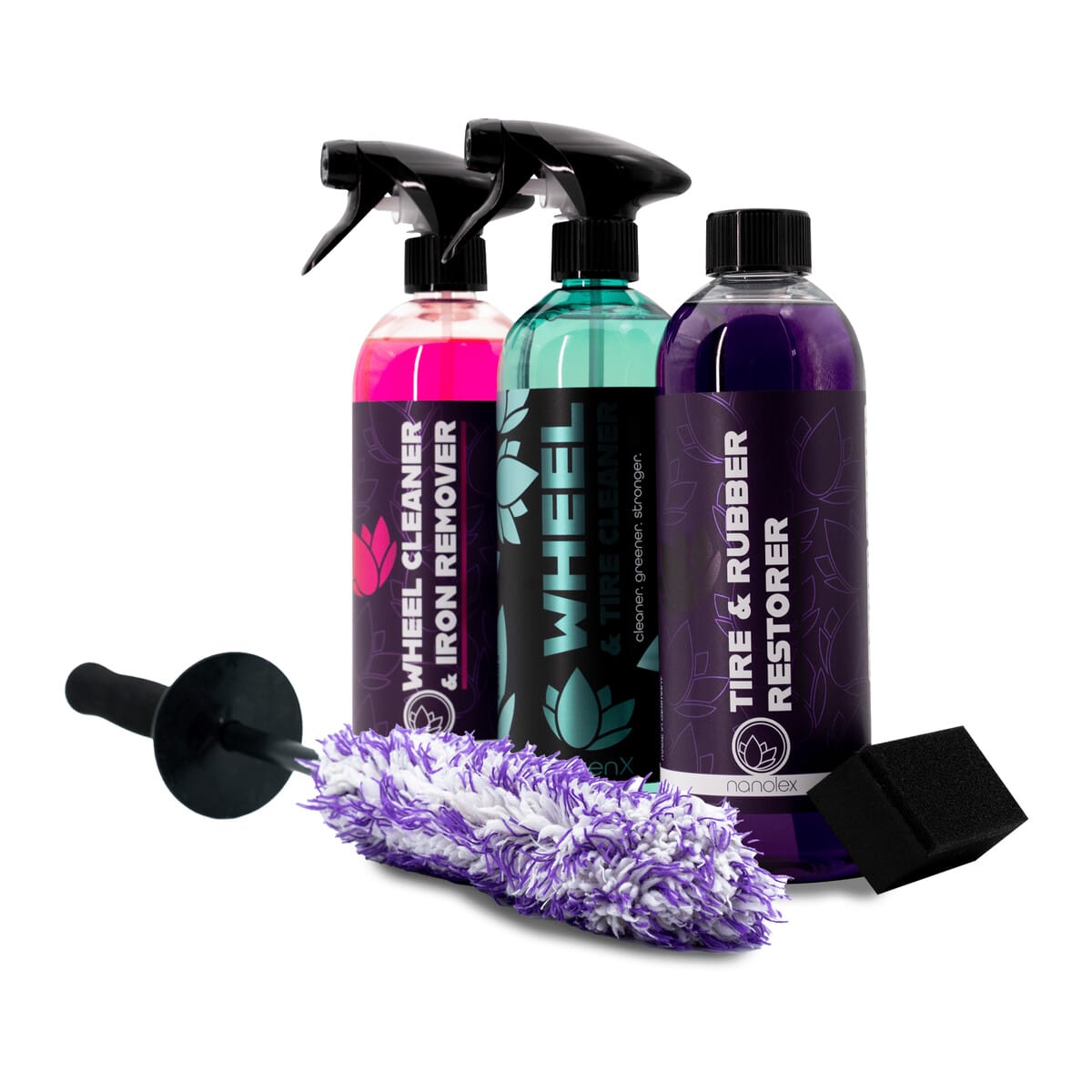 Pack jantes et pneus Nanolex Wheel & Tire Set : Wheel Cleaner & Iron Remover, GreenX Wheel & Tire Cleaner, Tire & Rubber Restorer, Wheel Brush et Tire Dressing Brush