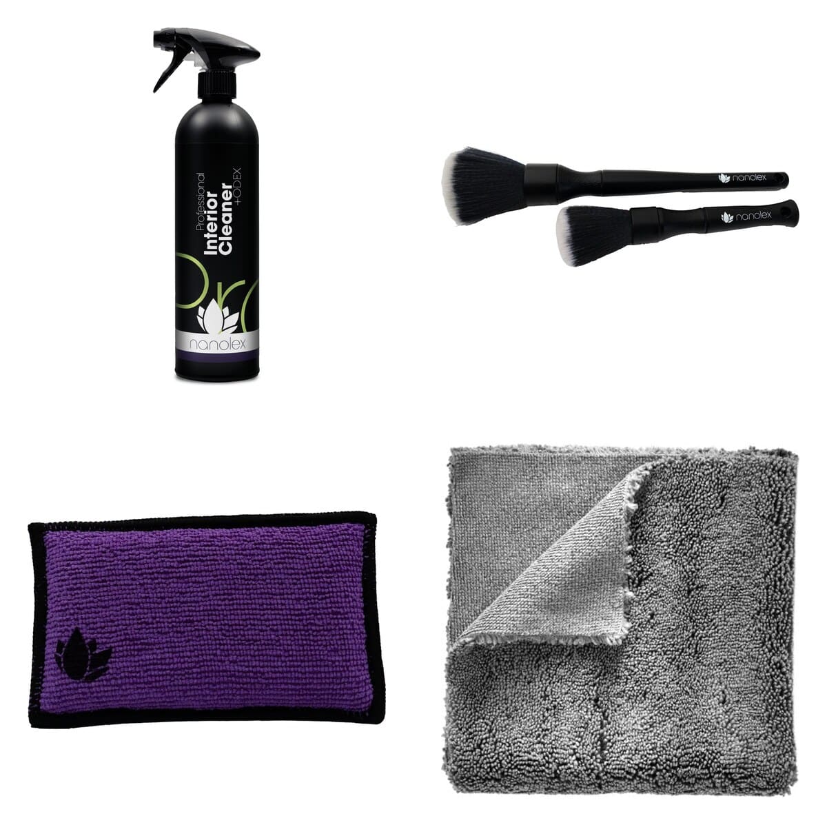 Pack nettoyage intérieur anti-odeurs Nanolex : Interior Cleaner + ODEX, pinceaux Brush Duo, Scrub Pad et microfibres Allround Duo