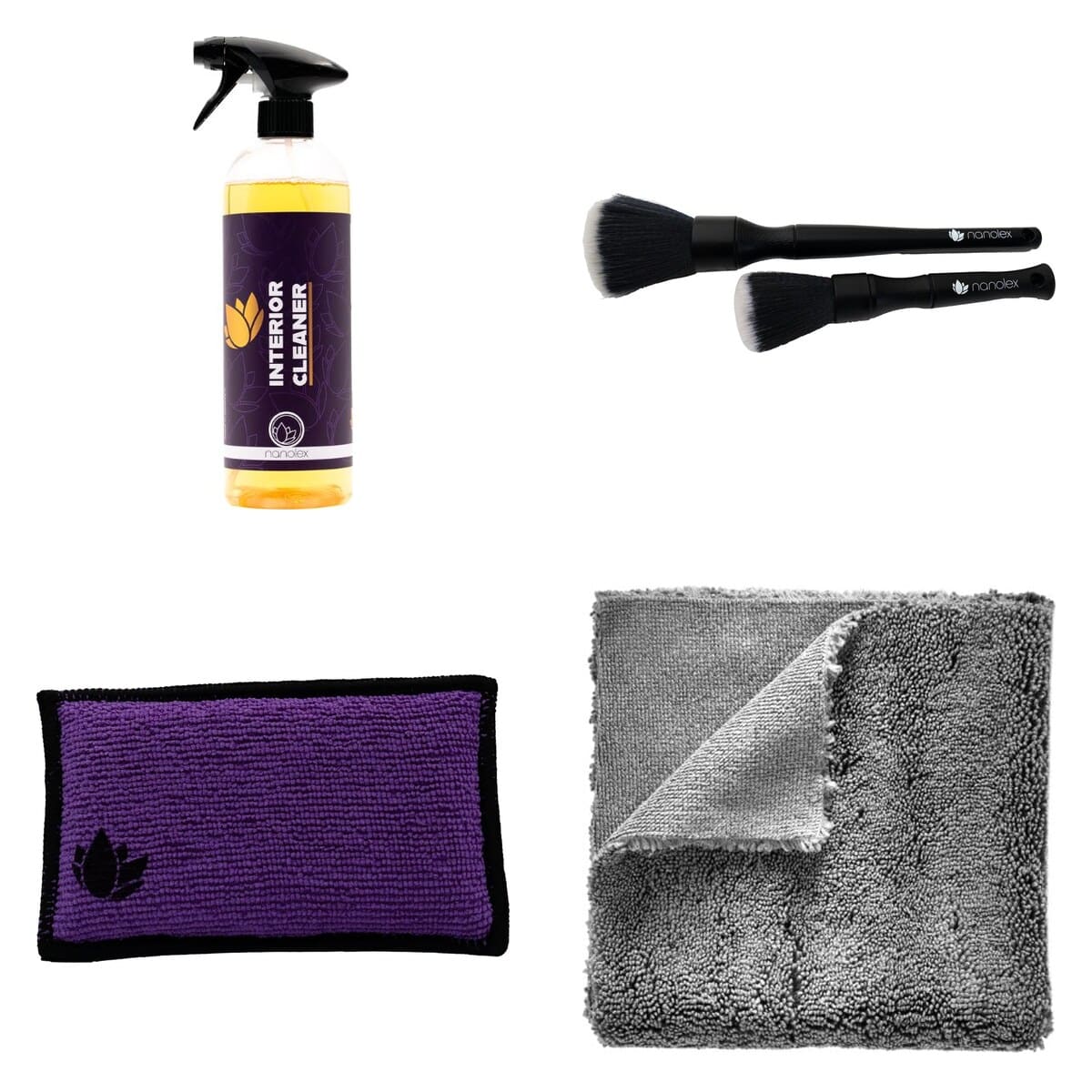 Pack nettoyage intérieur voiture Nanolex : Interior Cleaner, pinceaux Brush Duo, Scrub Pad et microfibres Allround Duo